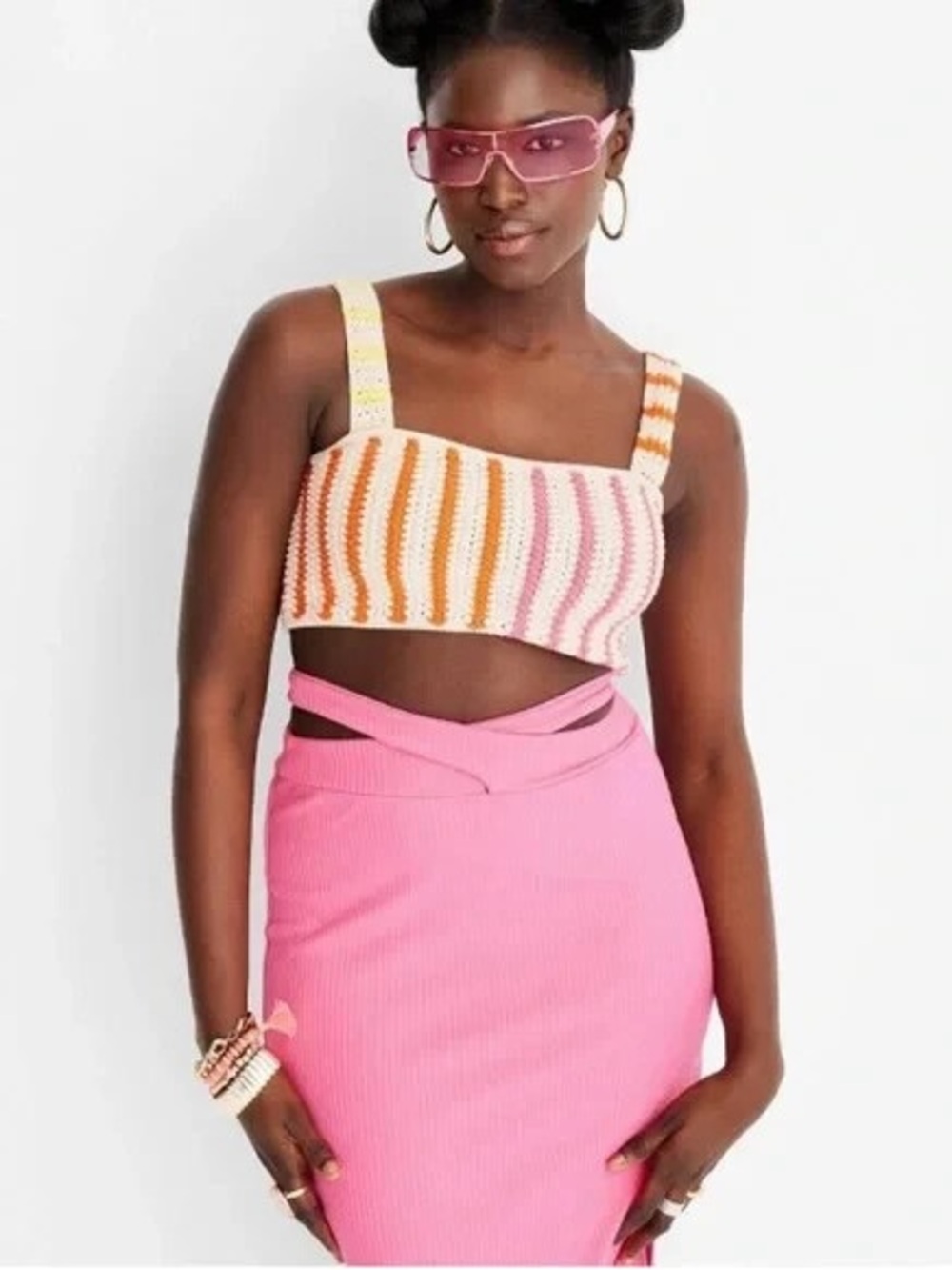 Striped Crochet Crop Top in Pink, Orange & Cream